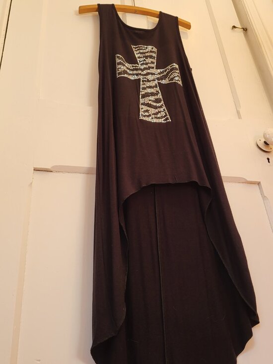 Twik Vintage Black High Low Dress Rhinestone Cross Sleeveless Whimsygoth - Picture 3 of 14